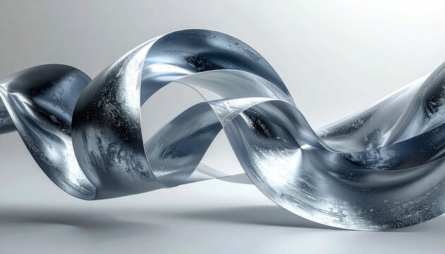 Abstract flowing silver metal ribbon with reflective surface