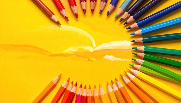 Colored pencils arranged in a circle on yellow background