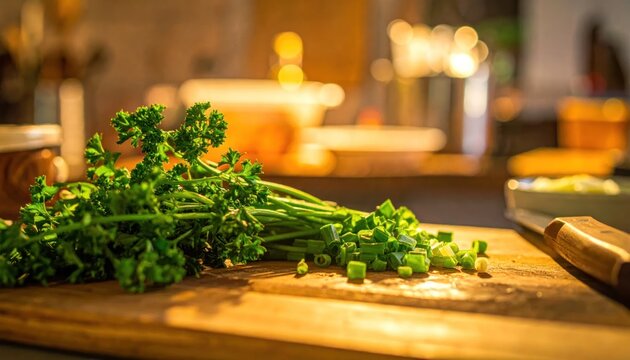 Fresh chopped herbs on wooden cutting board in sunlit kitchen
