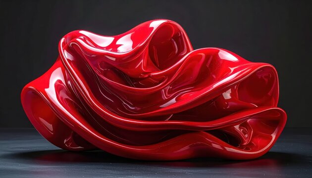 Vibrant red fluid sculpture with glossy finish on dark surface