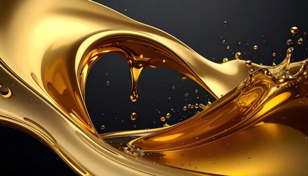 Molten gold splashing with droplets on dark backdrop