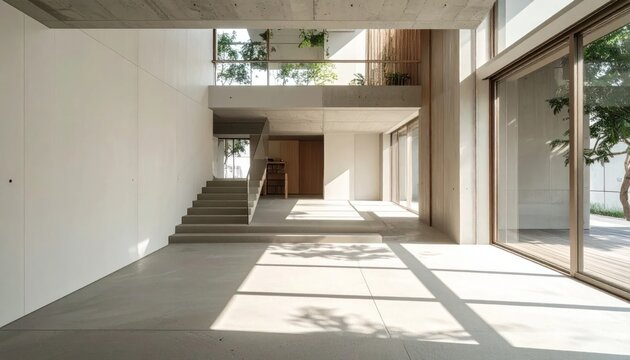 Modern minimalist house interior with concrete walls and bright sunlight