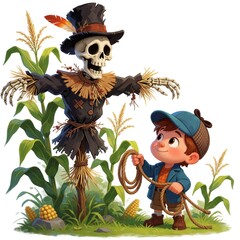 Fototapeta premium Curious boy with rope meets skeleton scarecrow in cornfield. Young detective investigates spooky figure among crops. Whimsical autumn scene, mystery, friendship themes.