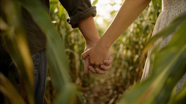 Couple holding hands in corn maze, love and togetherness concept