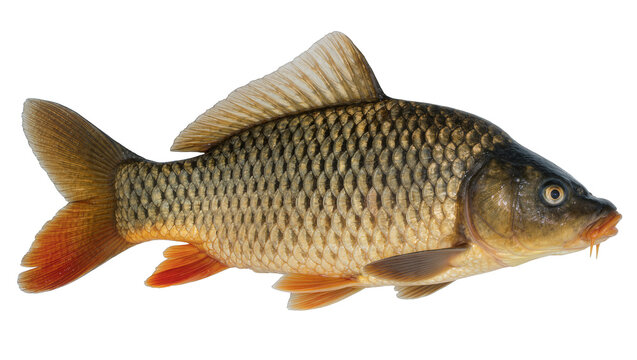 Detailed common carp fish with scales and fins, isolated on transparent background