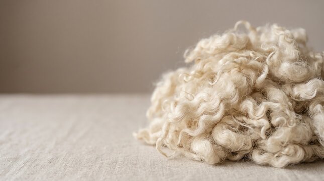 raw wool fibers pile resting on linen tablecloth in studio copy space