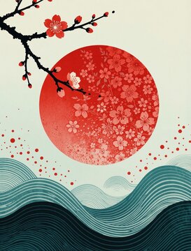 Minimalistic Japanese art illustration depicting cherry branch with red flowers over calm blue ocean waves, large red sun with floral patterns in pale yellow sky background