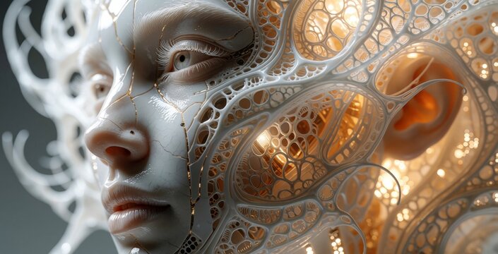 Abstract human face fused with complex digital network patterns. Futuristic cybernetic entity with glowing circuits and data streams, representing AI integration and technological evolution.