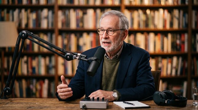 Elderly man with glasses speaking into a microphone in a library setting for a podcast recording