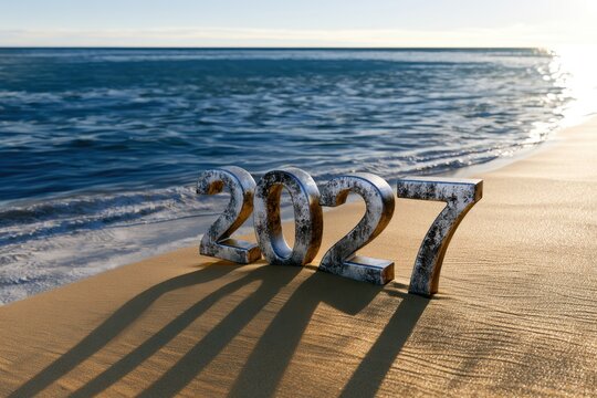 Rusted metallic numbers forming 2027 on a sandy beach with ocean waves and bright sunlight casting long shadows on the sand at sunrise or sunset