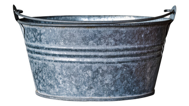 Galvanized metal bucket with wire handle, isolated on transparent background