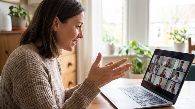 Woman smiling and gesturing while participating in a video conference call with multiple people