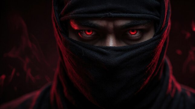 Man wears black ninja mask, red glowing eyes stare intensely. Shadowy figure in dark, mysterious atmosphere, hinting at danger and intrigue.