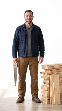 A handsome carpenter standing confidently with a saw in hand, next to a stack of lumber, ready to build