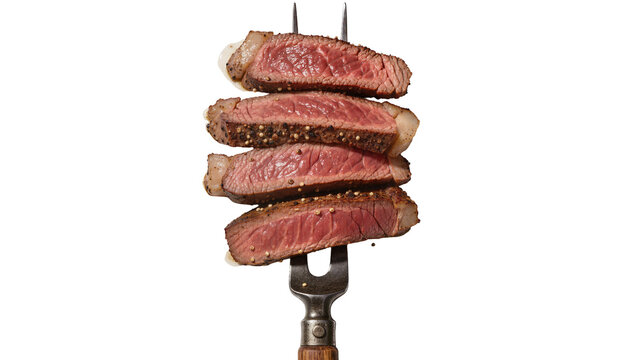Stack of four medium-rare steak slices seasoned with pepper impaled on a metal fork, isolated on transparent background