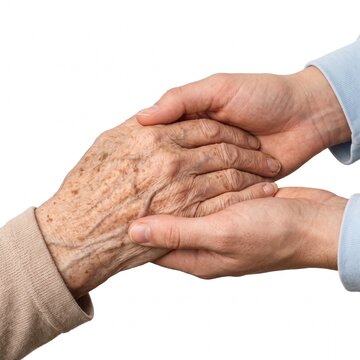 A close-up shot shows one person's hands gently holding an elderly person's wrinkled hand, conveying care and support