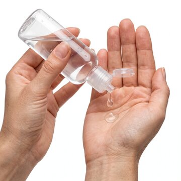 A person pouring hand sanitizer from a clear bottle into their open palm. The liquid is clear and a few drops are visible