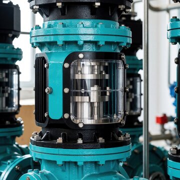 Close up of multistage high pressure pump in industrial plant. Blue metal machinery shows internal rotor, impeller through transparent window. Equipment for water fuel oil transfer works in chemical