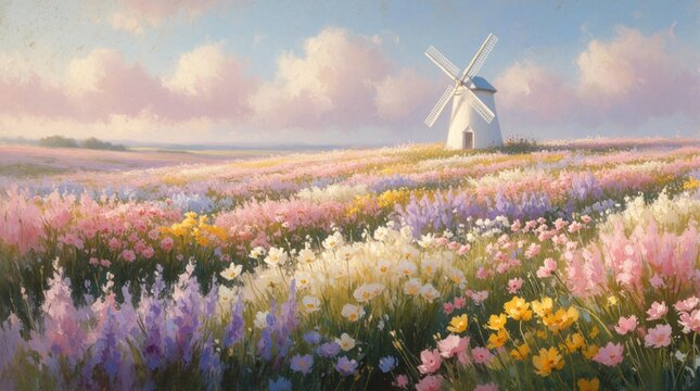 Pastel windmill stands in vibrant flower field under soft sky clouds. Artistic impressionist painting style creates peaceful rural landscape with blooming plants and distant hills. Ideal for decor.