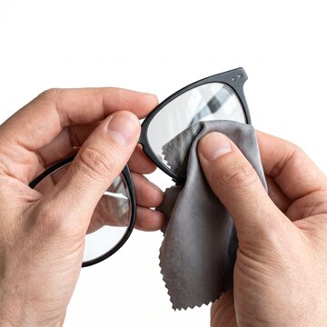 A close-up shot of hands carefully cleaning eyeglass lenses with a soft cloth. The action highlights the importance of clear vision and meticulous care.