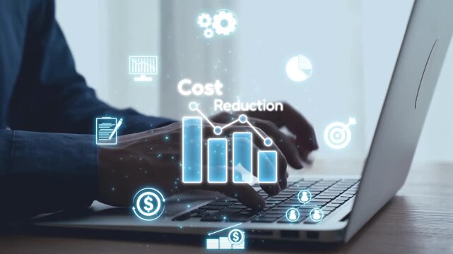 A business professional uses a laptop to interact with digital graphs and icons representing cost reduction strategies and financial growth insights in a modern workspace. Qubit