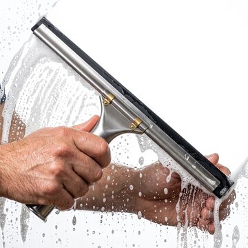 A close-up shot shows a hand holding a squeegee, cleaning a soapy window. The squeegee glides smoothly, leaving a clear streak on the glass, while suds and water droplets cling to the surface