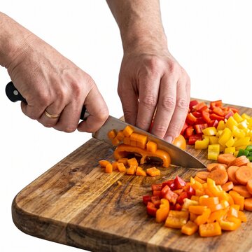 Chopping colorful fresh vegetables on a wooden cutting board. The vibrant ingredients are expertly sliced, ready for a delicious meal