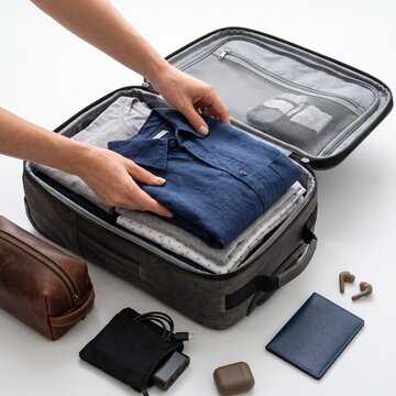 Packing a suitcase with care, organizing clothes and accessories for an upcoming journey. The image captures the essence of preparation and anticipation for travel.