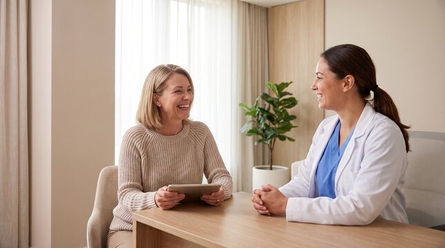 Doctor and patient smiling and talking during a consultation in a modern medical office