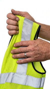 Hands holding a bright yellow safety vest with reflective stripes. The vest is a common sight in construction and road work environments