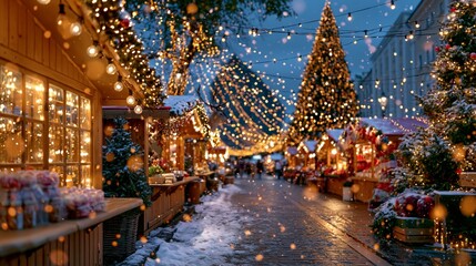 Fototapeta premium A magical winter evening at a Christmas market with glowing string lights, snow-covered trees, wooden stalls, and festive decorations creating a warm, cozy atmosphere.