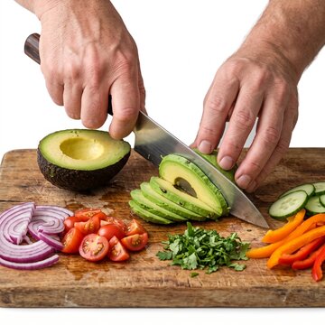 Chef slicing an avocado on a wooden cutting board with various fresh ingredients prepared for cooking. The ingredients include sliced red onion, cherry tomatoes, chopped cilantro, sliced cucumber.