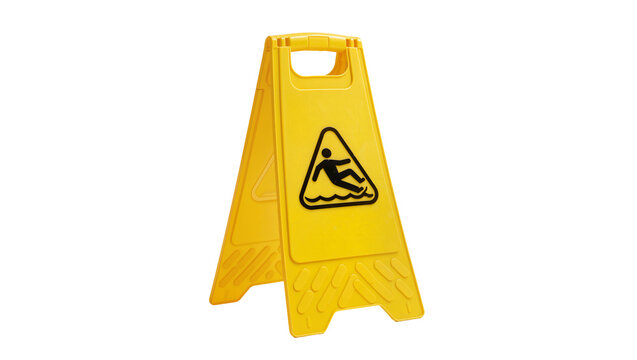 Yellow A-frame wet floor caution sign with black pictogram, isolated on transparent background