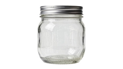 Clear glass mason jar with silver metal screw lid, isolated on transparent background