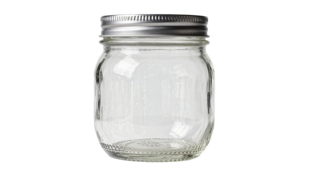 Clear glass mason jar with silver metal screw lid, isolated on transparent background