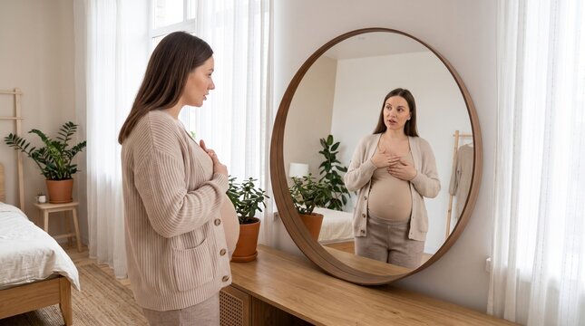 Pregnant woman looking at herself in a mirror touching her belly with a thoughtful expression