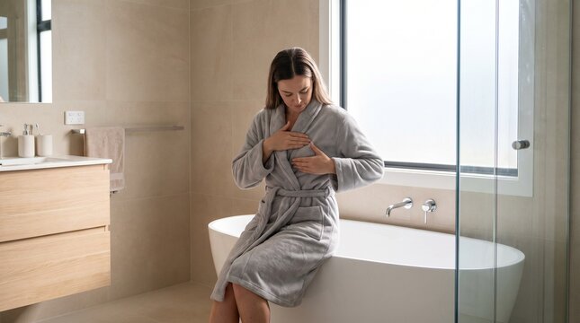 Woman in bathrobe performing breast self-exam in a modern bathroom