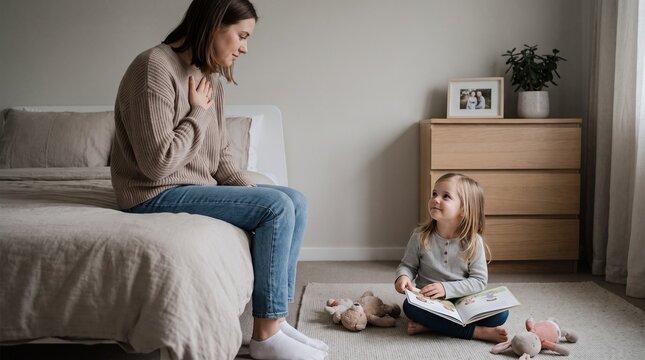 Mother comforting daughter with chest pain while reading a book in bedroom