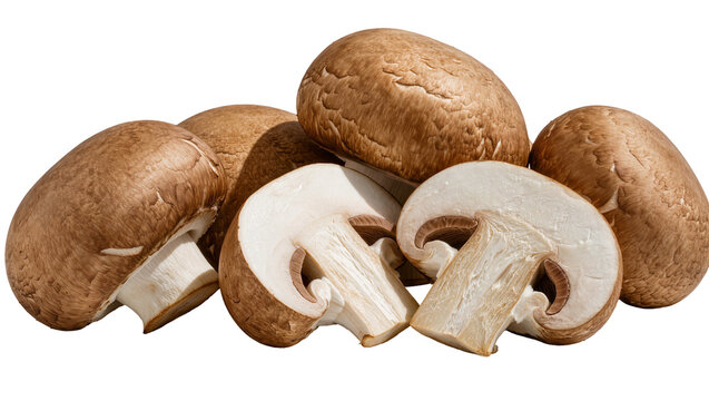 Brown cremini mushrooms one sliced in half, isolated on transparent background