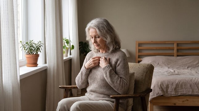 Elderly Woman Sitting In Armchair By Window Holding Chest With Concerned Expression