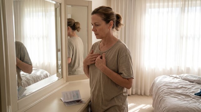 Woman looking in mirror with hands on chest in bedroom with soft light