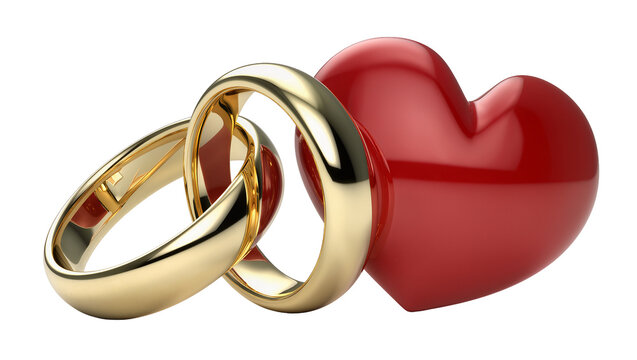 Two intertwined golden wedding rings with a glossy red heart, isolated on transparent background