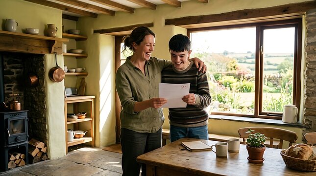 A mother and son celebrate academic success by looking at a graded paper in kitchen with rustic home kitchen mother her teenage plus grade rustic