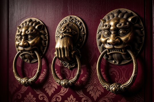 Antique brass lion head door knockers on dark burgundy wood. Ornate metal lion sculptures with rings serve as decorative handles for old entrance gate. Classic vintage architecture detail features