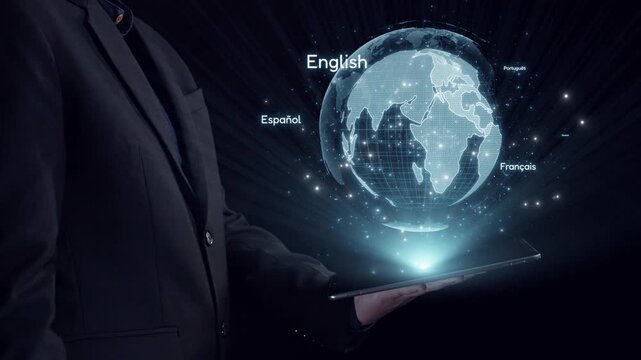 A professional holding a tablet displaying a digital globe with language icons, showcasing themes of global communication, technology, and modernization in today world. Qubit
