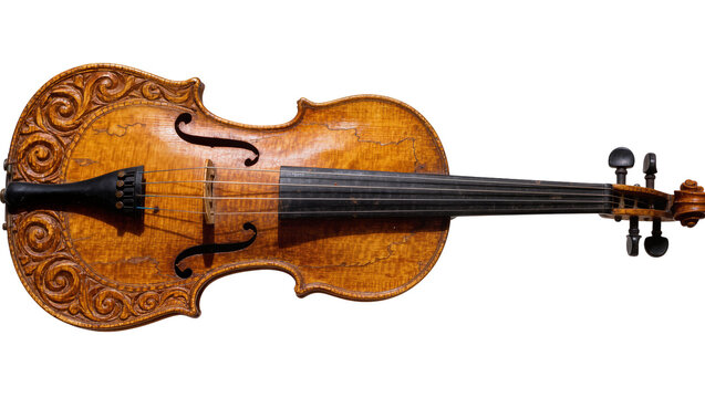 Antique carved wooden violin with ornate scrollwork, isolated on transparent background