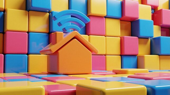 Orange house icon with blue wifi symbol sits on colorful block surface. Smart home network connection and wireless technology concept abstract background.