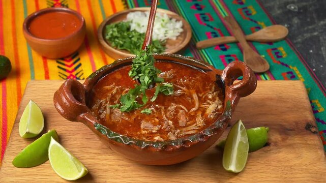 Hand pouring fresh cilantro into a bowl of birria stew with lime and garnishes