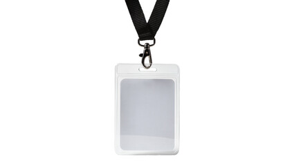 Naklejka premium Clear plastic badge holder with black lanyard and metal clasp, isolated on transparent background