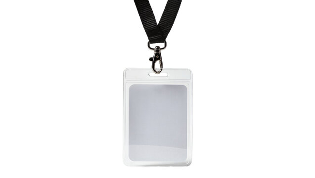 Clear plastic badge holder with black lanyard and metal clasp, isolated on transparent background